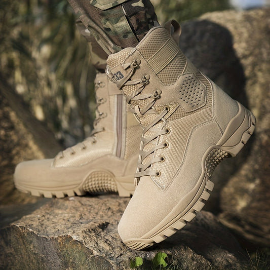 High top tactical work boots with side zipper, non-slip and durable for outdoor hiking activities.