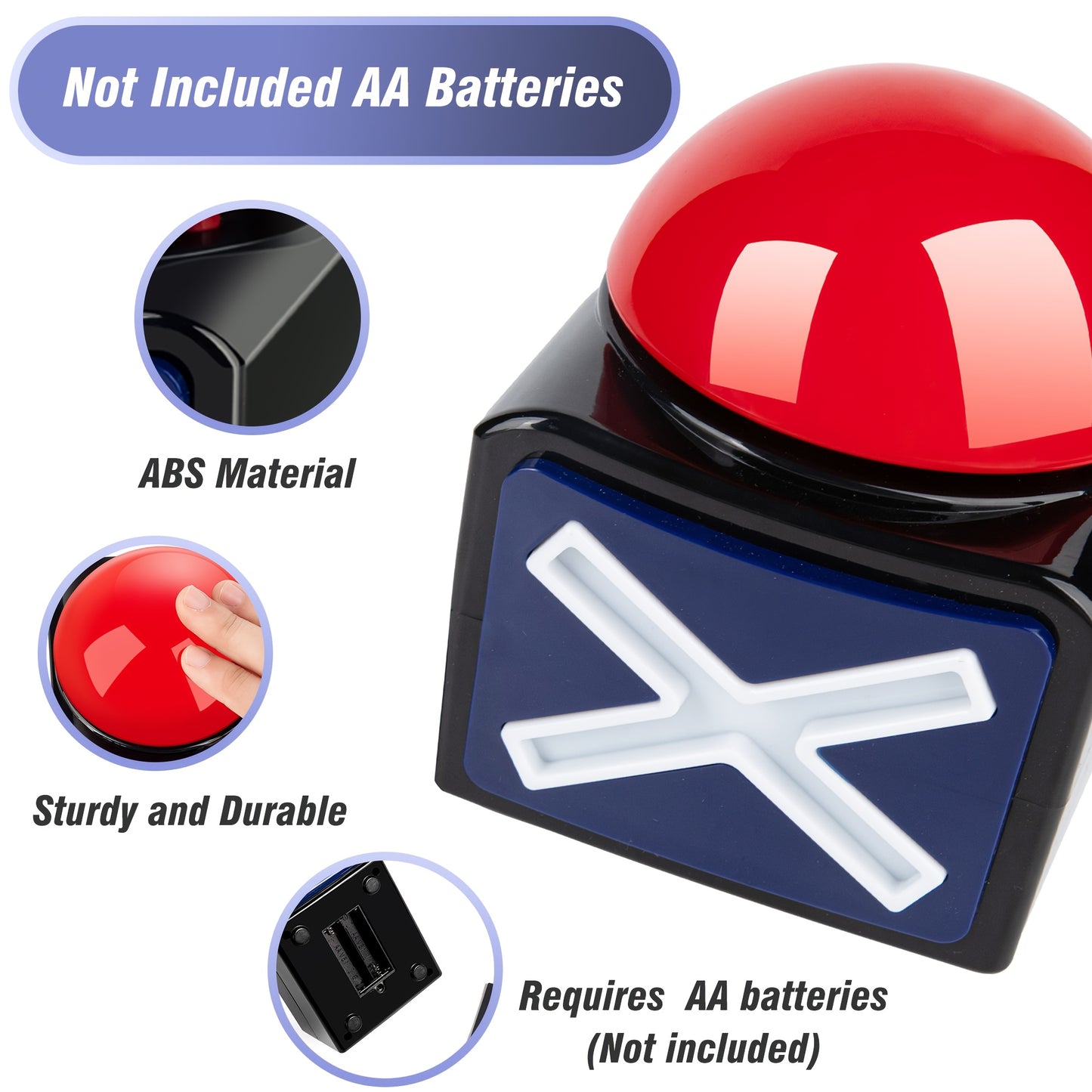 Black and red light-up buzzer for trivia games, perfect for family quiz night and classroom activities. Made of durable plastic.