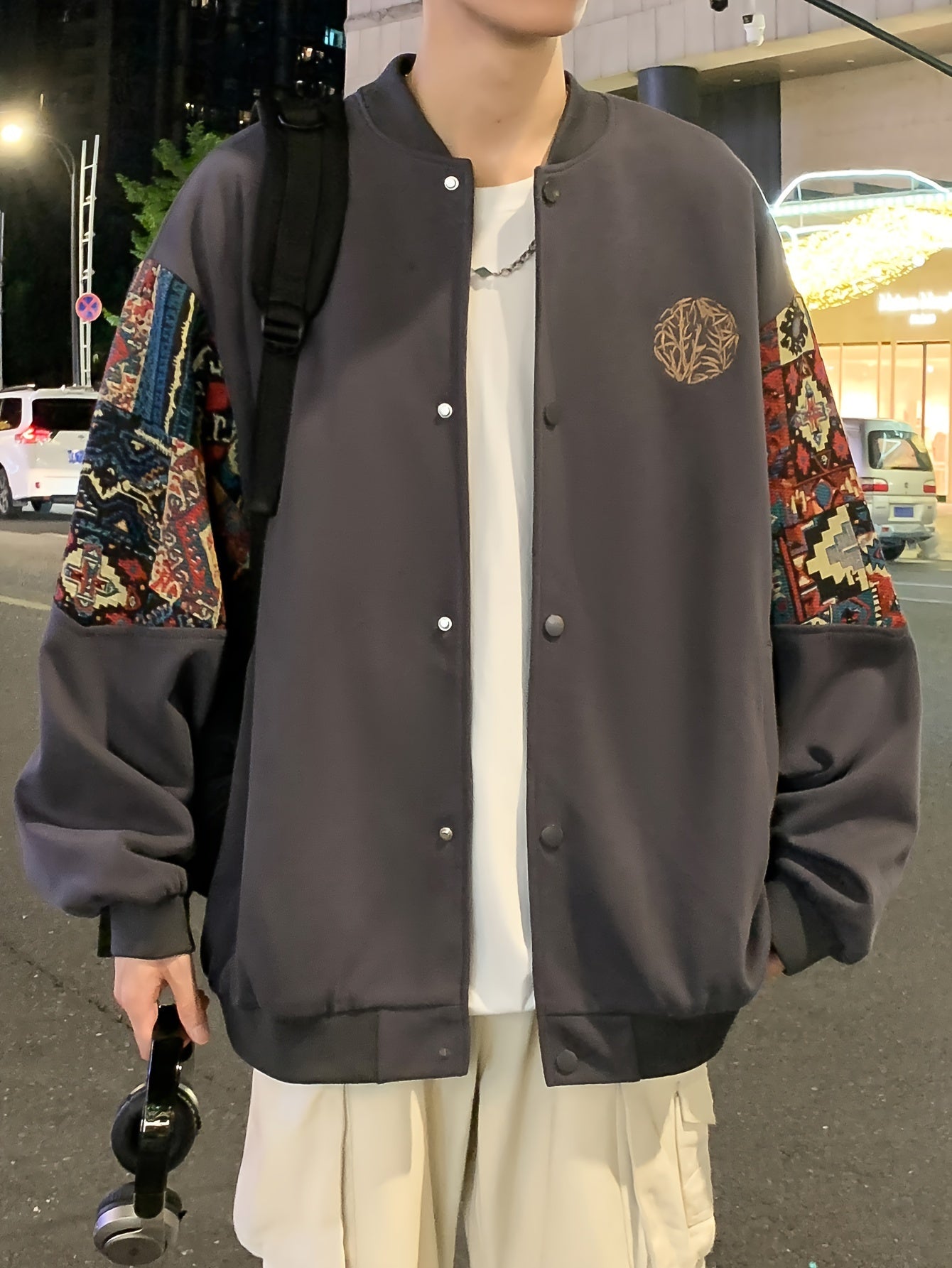 Men's Casual Ethnic Embroidered Varsity Jacket - Cotton Blend, Button Closure, Long Sleeves, Floral Pattern Detail, Perfect for Casual Outings and Evening Dates