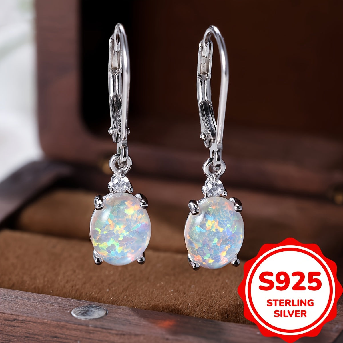 Green Fire Opal Rhodium Plated Round-Cut Dangle Earrings, Women's Leverback Gemstone Drop Earrings weighing 2.2g