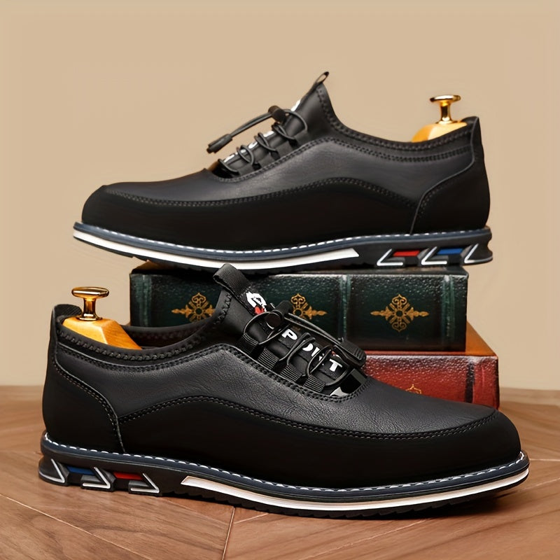 Men's casual low top lace-up shoes with elastic band, PU upper and rubber sole, suitable for all seasons.