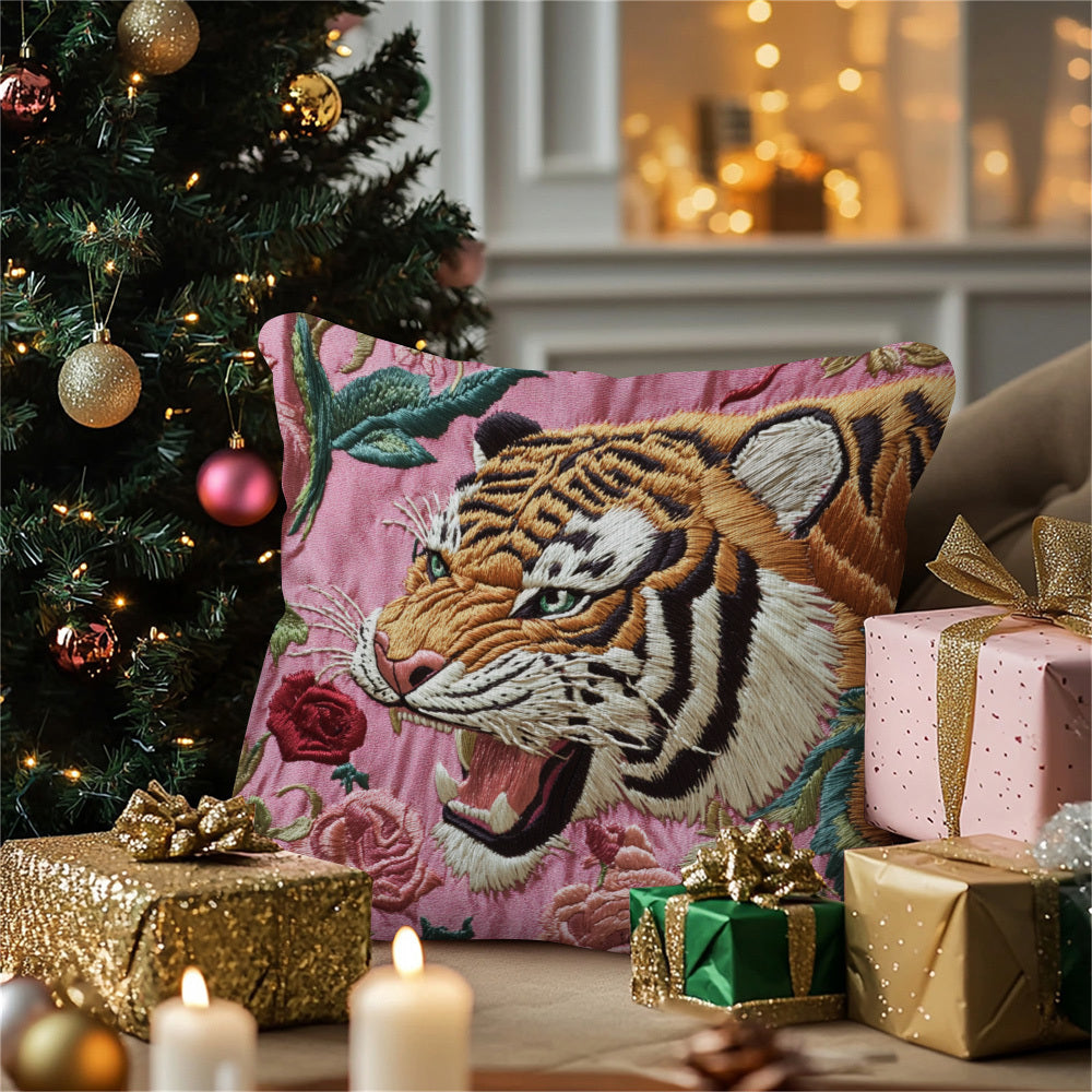 Tiger and Roses Embroidered Pillow Cover featuring Double-Sided Polyester Woven Cushion Case, Ideal Festive Home Decor for Thanksgiving and Christmas, Compatible with a Variety of Styles - Item HJY647