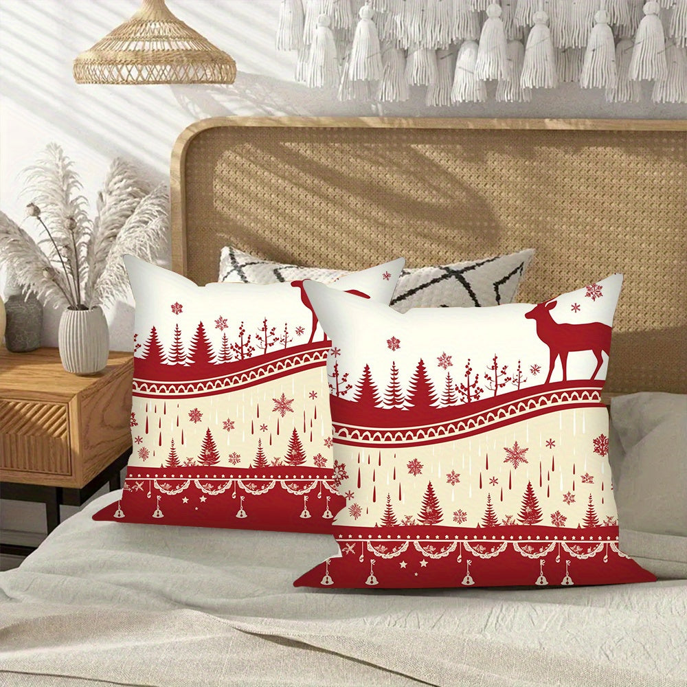 Two-piece set of festive Merry Christmas throw pillow covers. These covers are made from soft and comfortable material, making them perfect for enhancing the decor of your living room, bedroom, or car. Each cover is square-shaped and measures 45.72x45.72