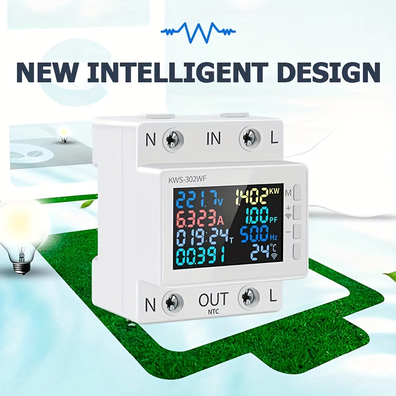 1pc 8IN1 Din Rail AC Monitor measures AC170-300V 220V 63A, including voltage, current, power factor and active power.