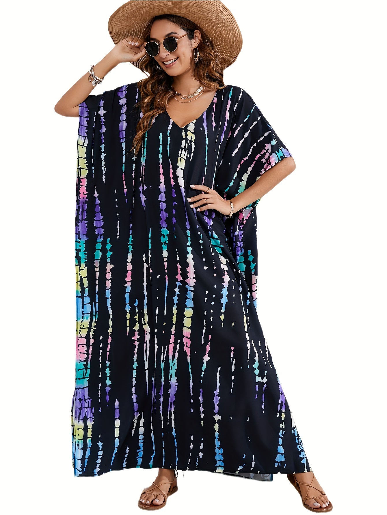 Plus Size Boho Cover Up with Tie Dye Stripes and Batwing Sleeves