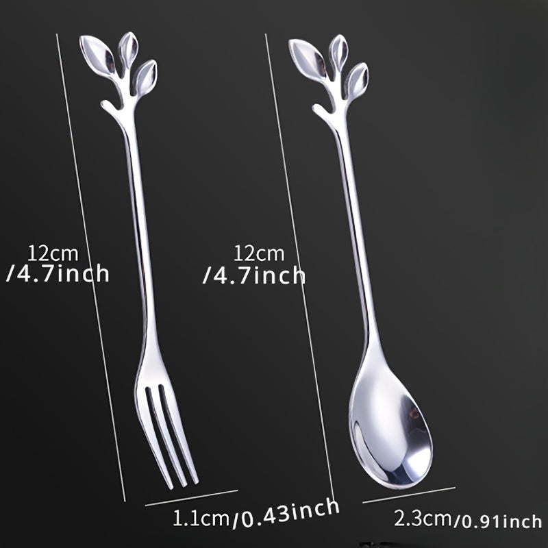 Elegant Stainless Steel Cutlery Set with Leaf Design Stirring Spoons, Honey Spoon, and Branch Handle Dessert Spoons - Durable and Stylish Utensils for Tea, Desserts, and Mixing Drinks