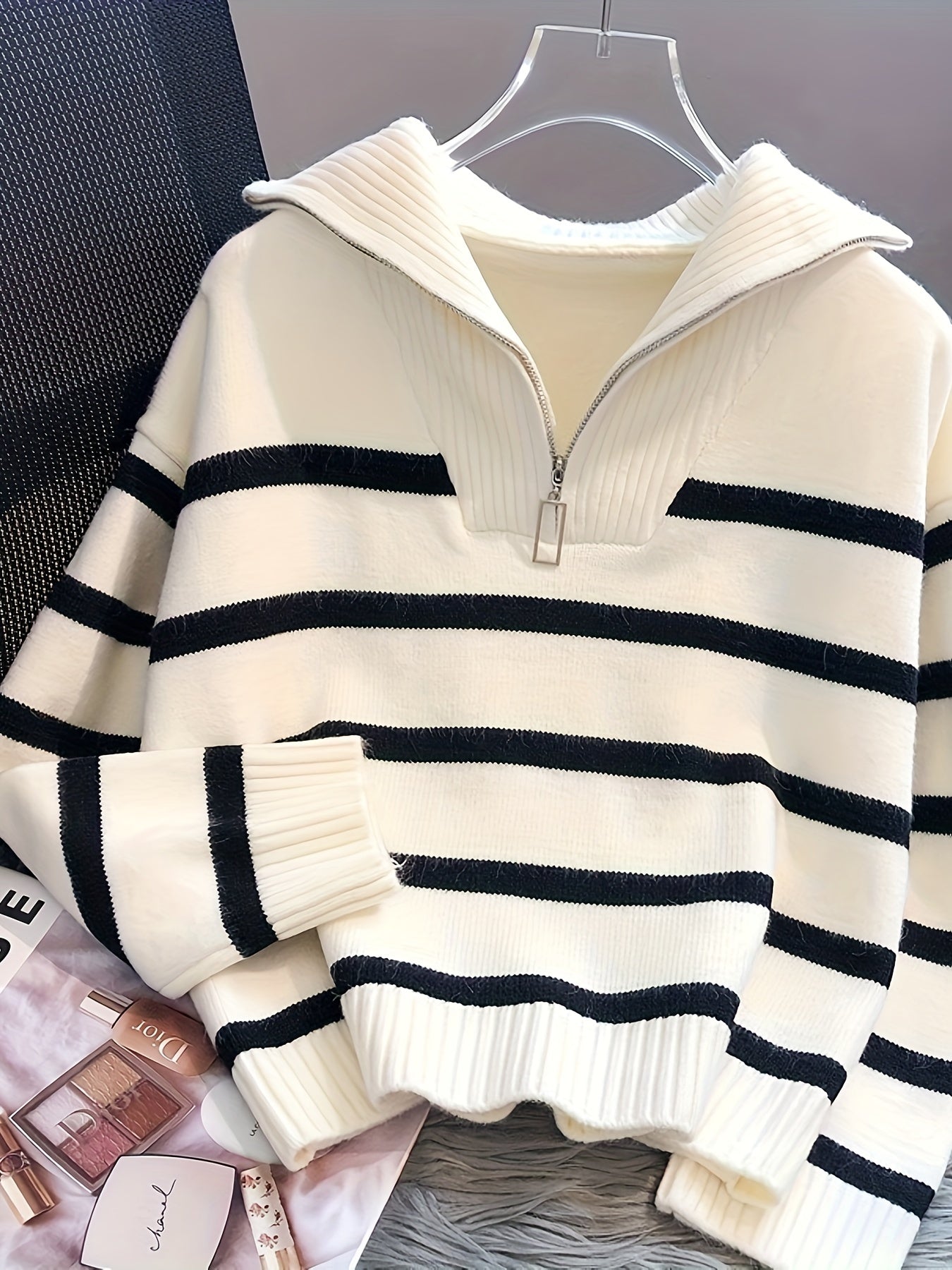 Cozy, thick zip-up sweater for women with chic stripes, perfect for spring/fall, machine washable.