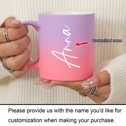 Custom 11oz ceramic coffee mug with personalized name, dishwasher and microwave safe. Perfect for drinks and gifting on birthdays or Valentine's Day for family, friends, and coworkers.