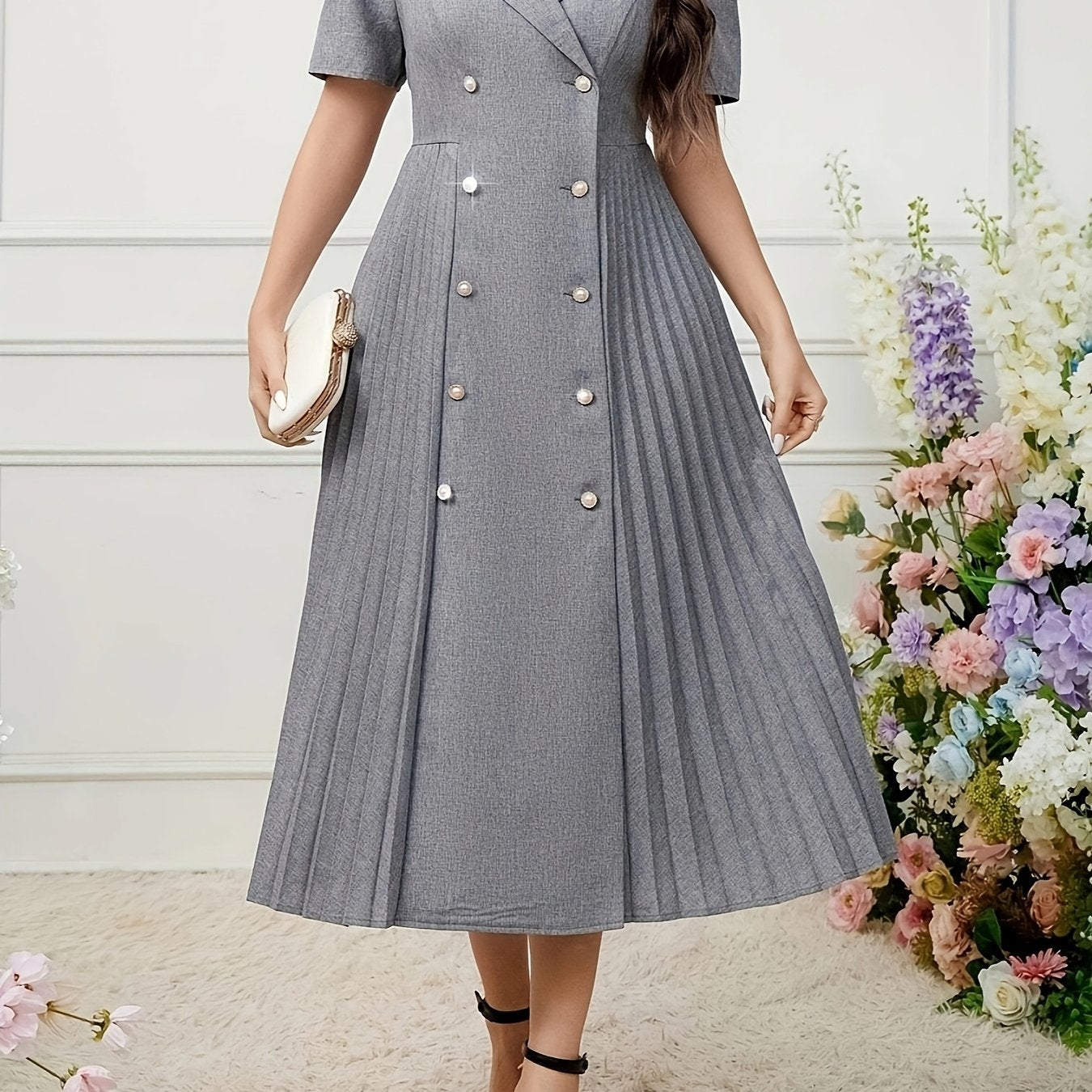 Elegant pleated midi dress made of 95% polyester and 5% spandex blend with short sleeves, contrast lapel collar, loose fit, solid color, non-stretch fabric. Perfect for spring/summer casual