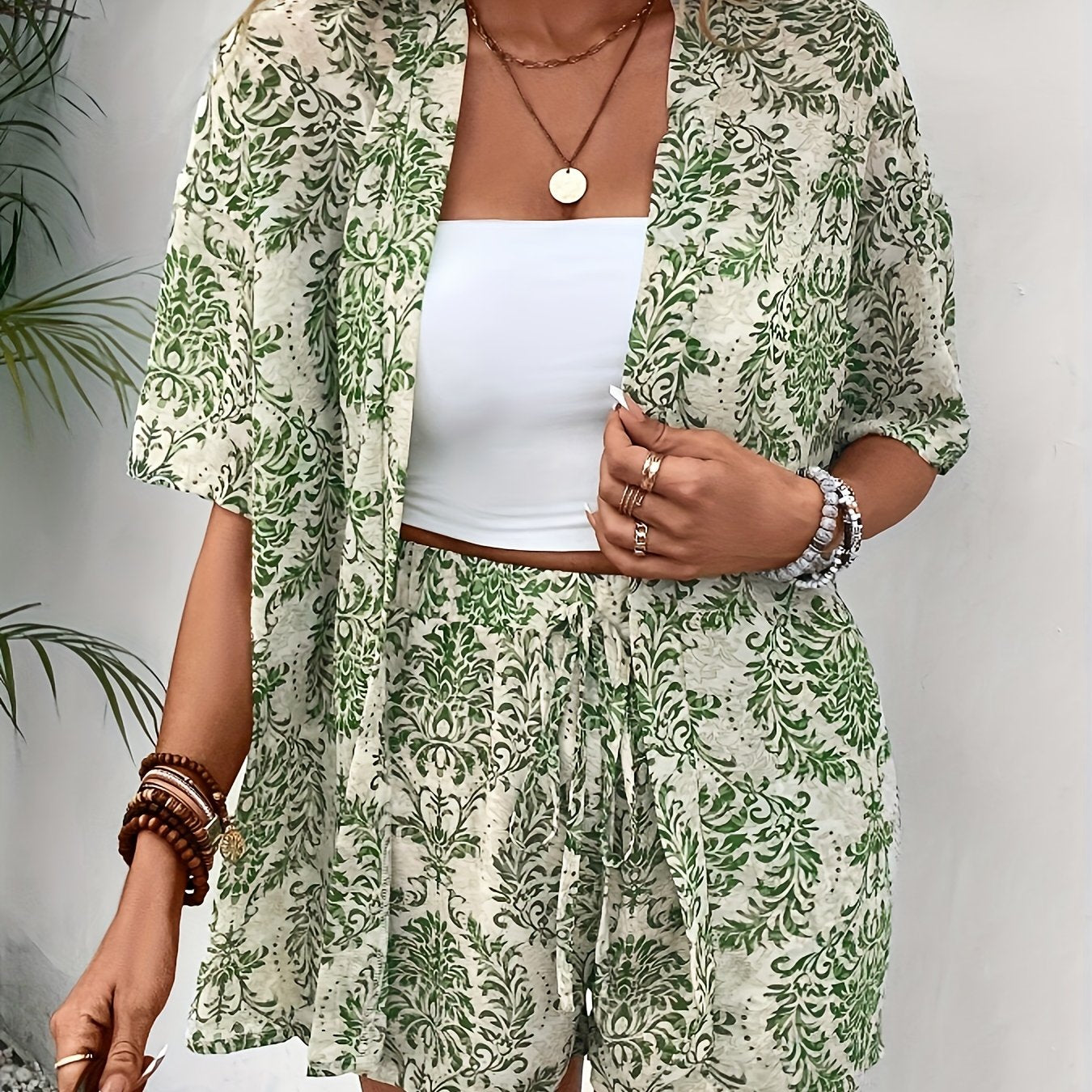 Casual damask print shorts set with open-front blouse and loose tied waist shorts for women.