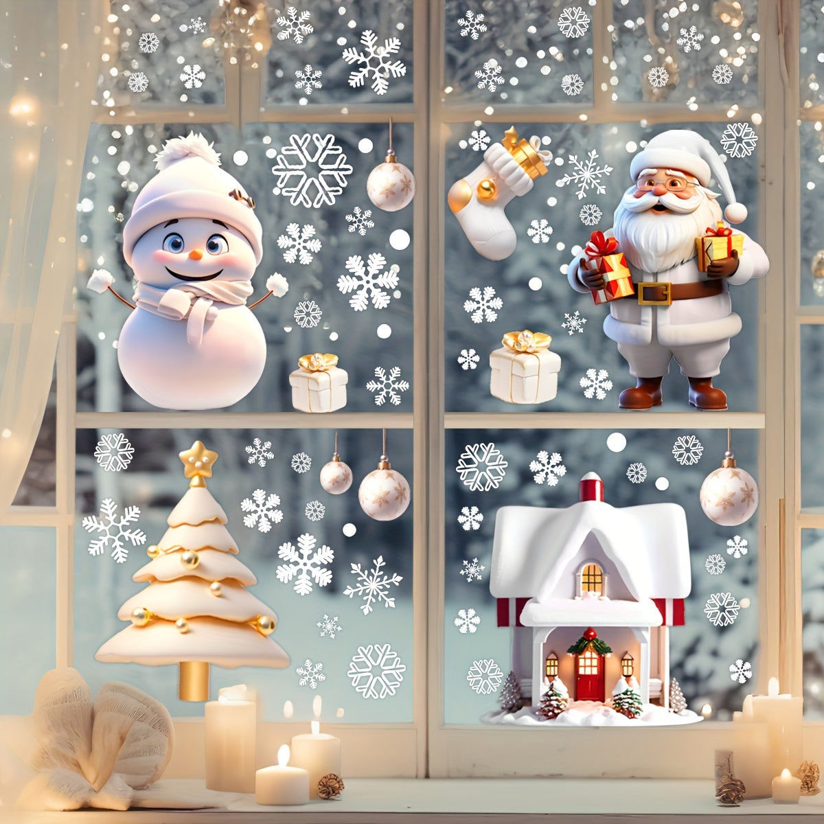 Set of 113 Festive Christmas Window Cling Decals - Includes Santa, Snowman, and Gift Box Designs. Made of PVC material for easy application on glass surfaces. Ideal for holiday party and Christmas decorations.