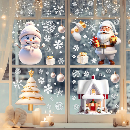 Set of 113 Festive Christmas Window Cling Decals - Includes Santa, Snowman, and Gift Box Designs. Made of PVC material for easy application on glass surfaces. Ideal for holiday party and Christmas decorations.