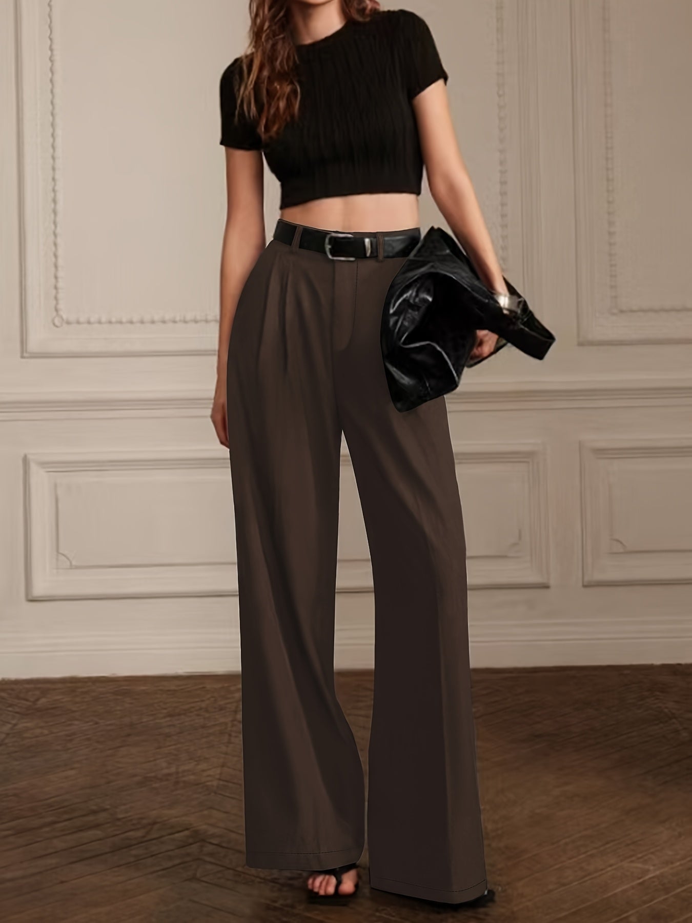 Elegant high-waist straight leg pants in solid color for work and office wear.