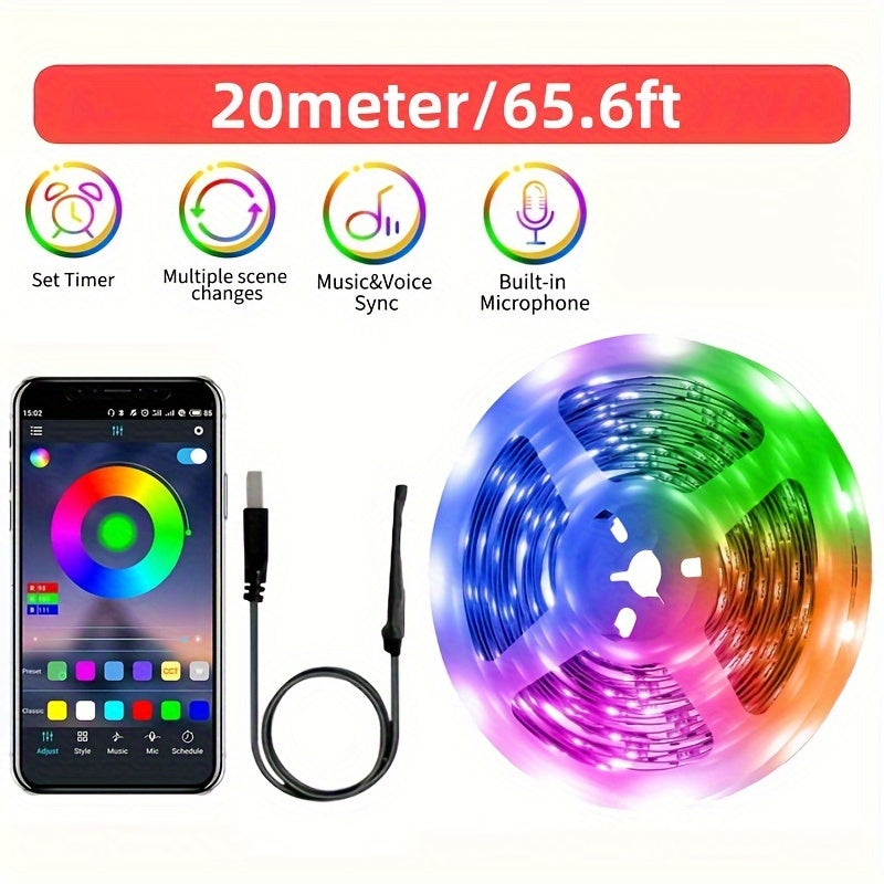 Intelligent RGB LED strip lights powered by USB, featuring music synchronization, app control, customizable modes, timer function - ideal for home decoration and creating a festive