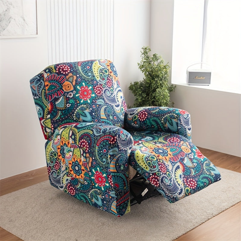 Boho recliner chair cover with pocket, non-slip, machine washable, blue color, made of polyester and spandex.