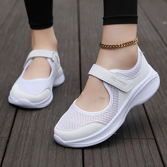 Comfortable slip-on sneakers for women with breathable mesh, supportive arch compression, lightweight non-slip sole, in white.