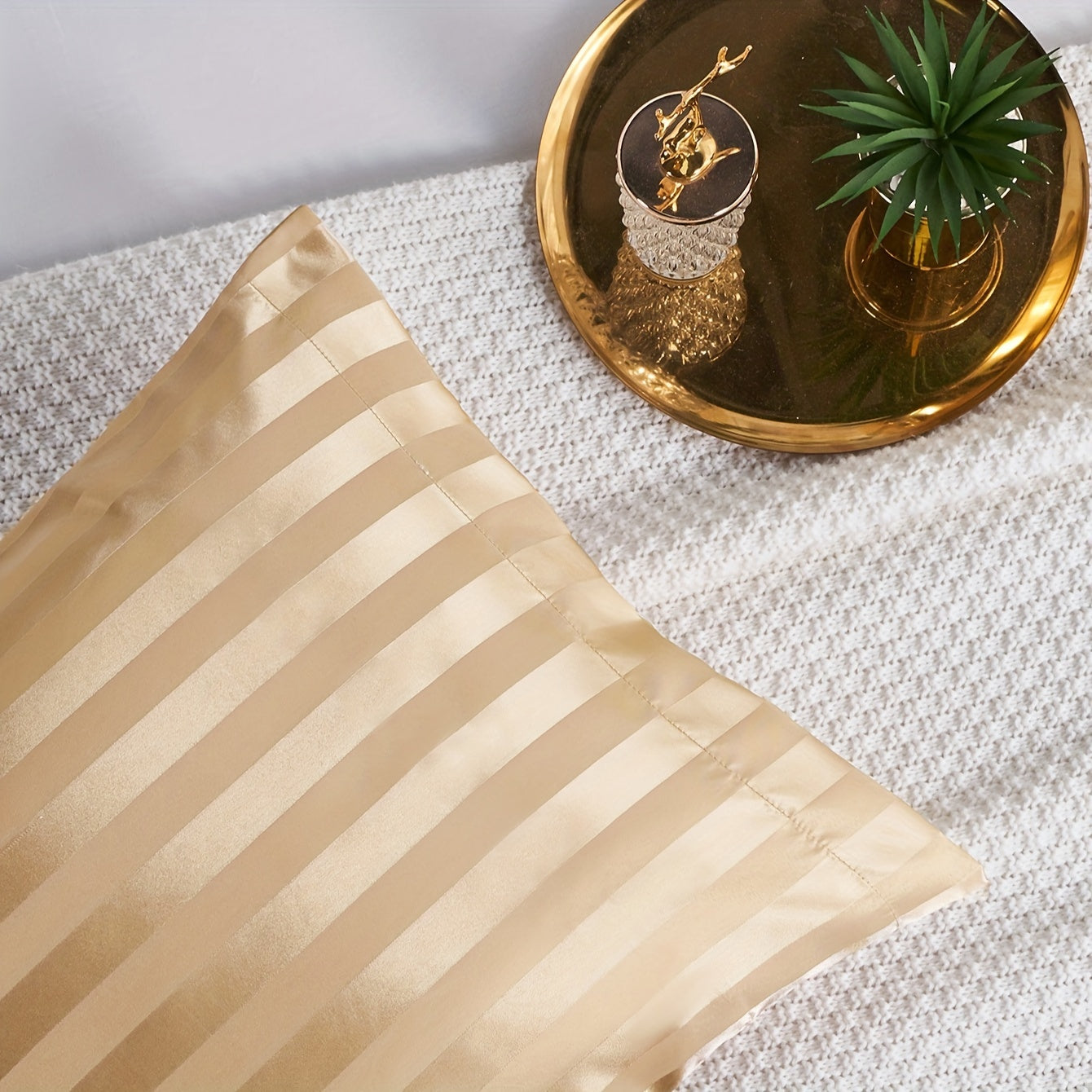 Luxurious Golden Satin Pillowcase for Hair & Skin - Silky Smooth Striped Design, Soft and Stain-Resistant with Envelope Closure - Made of 100% Polyester, Machine Washable - No Filler Required