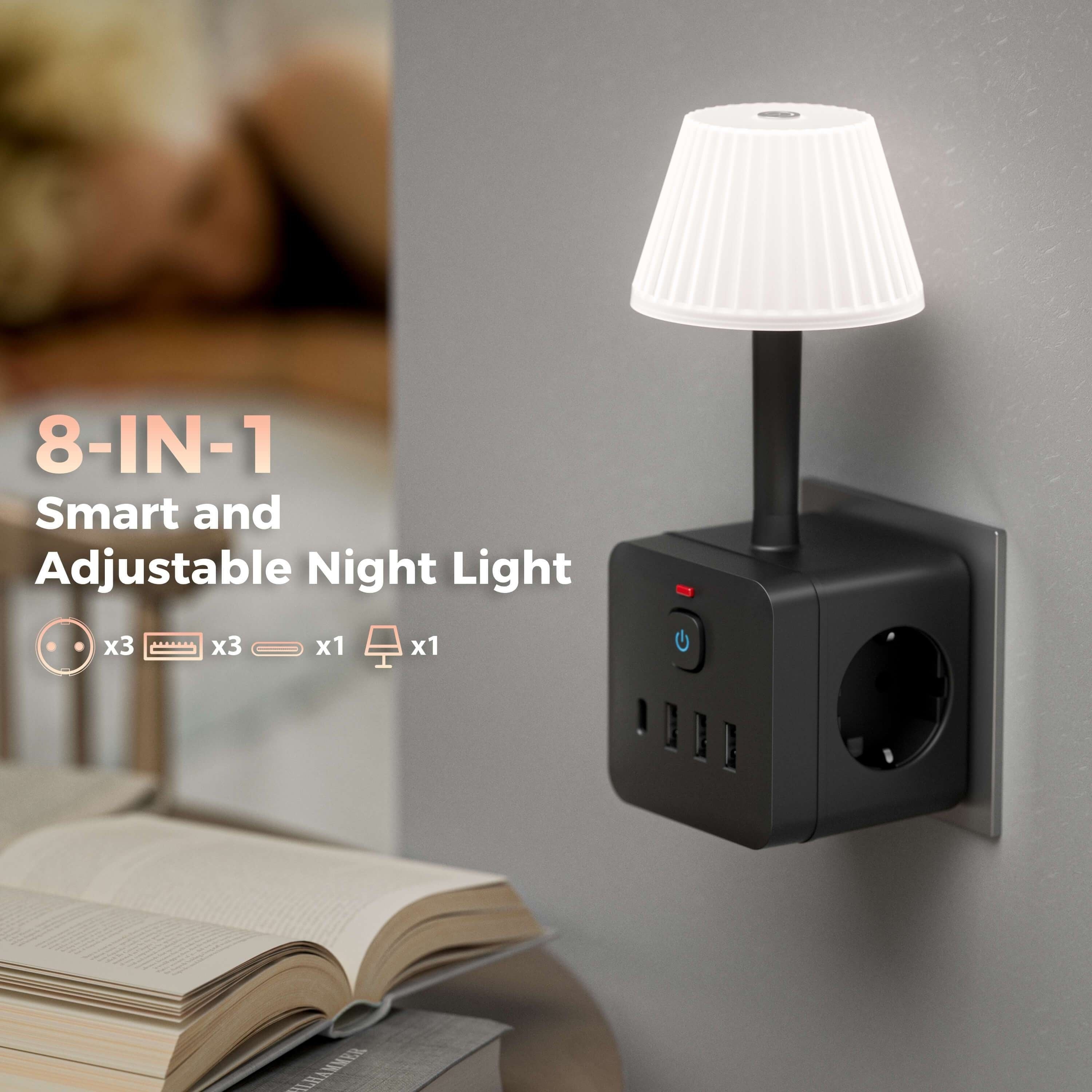 Multi-functional power outlet with desk lamp, 8-in-1 design includes 3 sockets, 3 USB ports, and Type-C charging. Suitable for home, office, or dorm use. Comes in black or white.