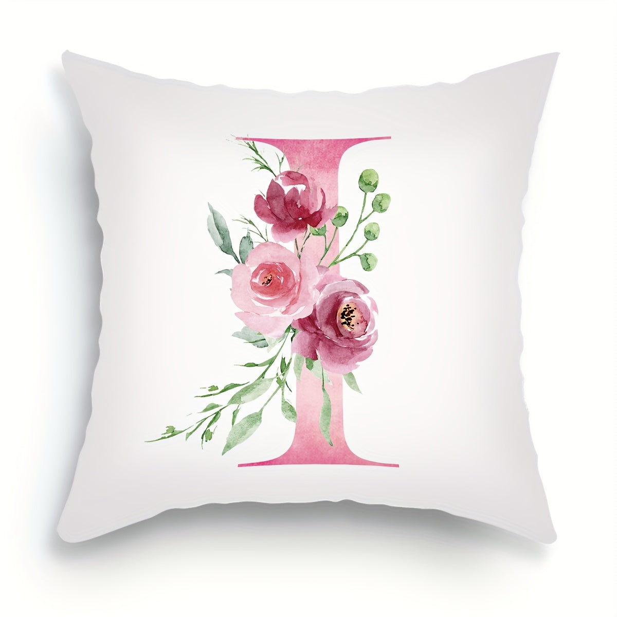 18x18 inch Alphabet Floral Pillow Cover featuring A to Z English Letters in pink print. Ideal for adding a contemporary touch to sofa, living room, or bedroom decor. Single-sided printing, insert not included.