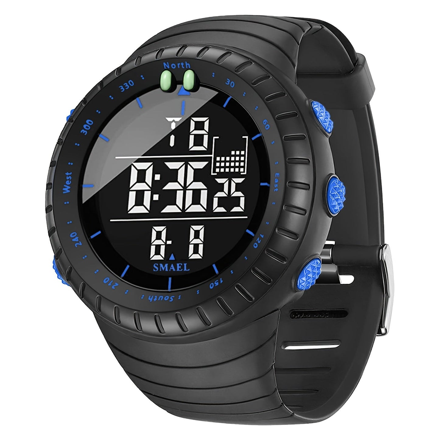 An ideal gift for men, this sports watch features a black dial with LED display and includes alarm clock, stopwatch, and 12/24 hour format options.