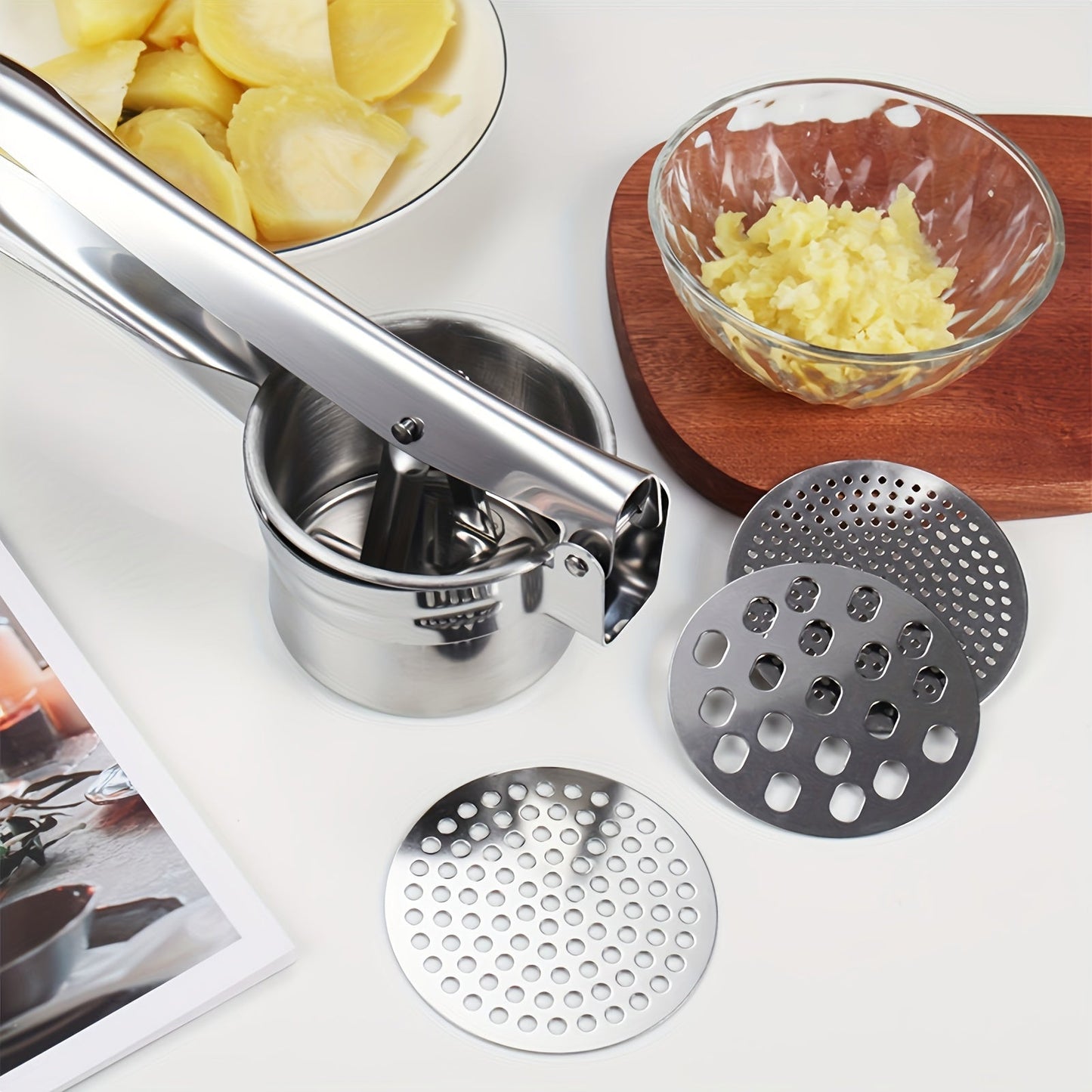 Stainless Steel 3-in-1 Potato Puree Press and Lemon Juicer with Non-Slip Handle - Multi-Function Kitchen Tool for Mashing Potatoes, Juicing Lemons, and Crushing Vegetables