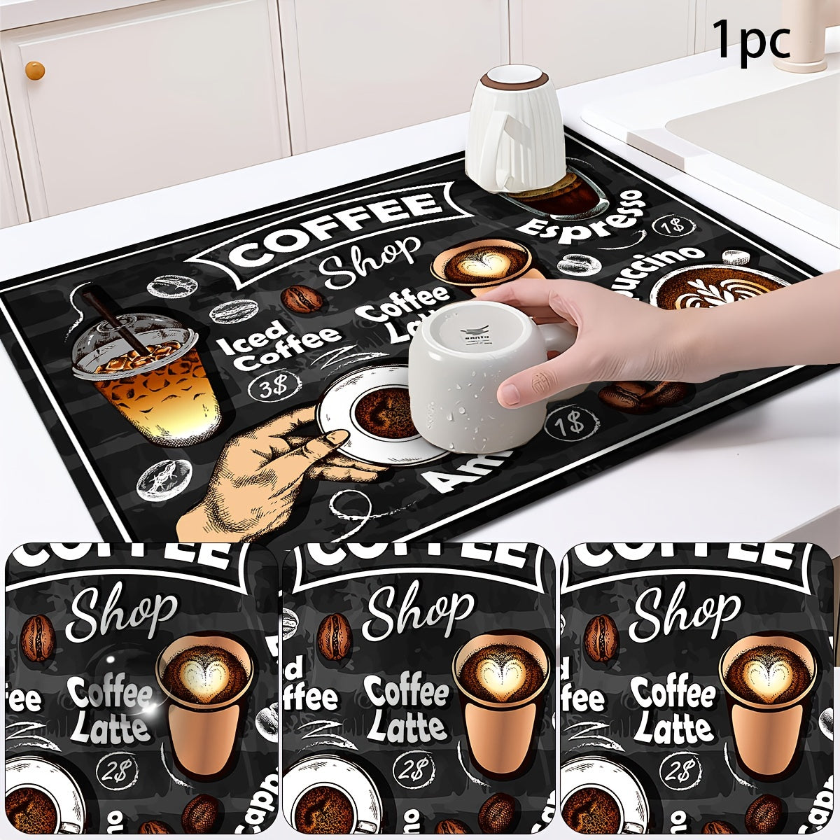 Retro Coffee Patterns 1pc Coffee Pad Set: Keep Your Coffee Bar Moisture-Proof and Stylish with Absorbent Rubber Dishwashing Pads, Placemats, and Countertop Protectors - Perfect for Coffee Machines and Kitchen Accessories!