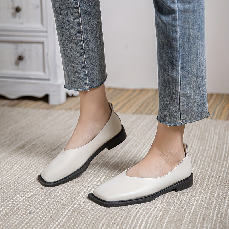 Women's slip on flat shoes with square toe in solid color for casual, comfortable wear.