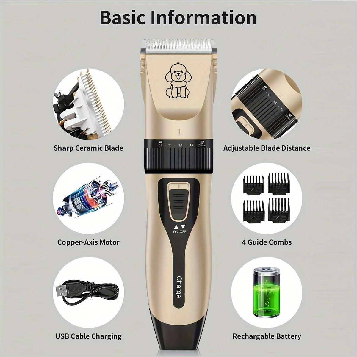 USB rechargeable pet grooming clipper with low-noise, professional clippers suitable for all pet sizes and hair lengths. Uses lithium 18650 battery and works on cats, dogs, and human hair.