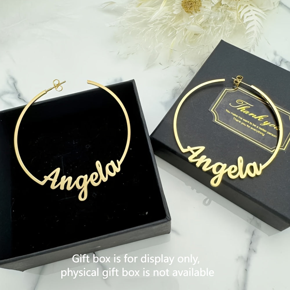 Engraved Stainless Steel Hoop Earrings with Custom Name - Boho-Chic Design, Ideal for Mom & Special Events, Unique Gift Option, Pendant Earrings, Bohemian Flair, Elegant Finish, Festive Touch.