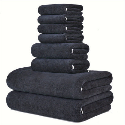 Super soft microfiber bath towel set includes 8 pieces: 2 bath towels (68.58 x 139.7 cm), 2 hand towels (34.8 x 76.2 cm), and 4 square towels (34.8 x 34.8 cm). Quick drying, highly absorbent, and lightweight.