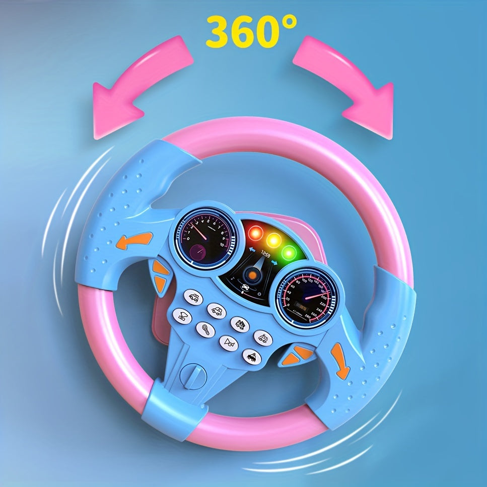 Kids simulated driving controller with interactive car steering wheel toy made of ABS resin in assorted colors, no batteries included. Great educational activity gift.