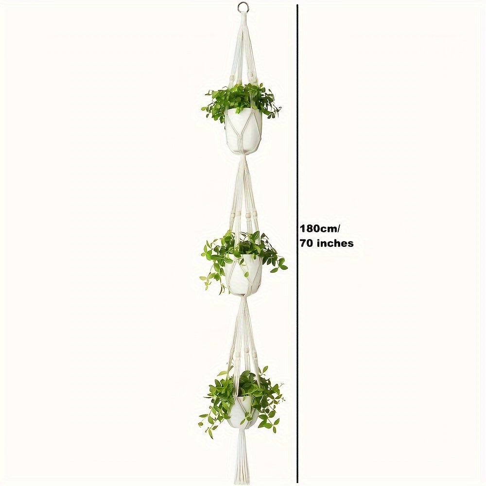 Macrame double plant hanger, indoor/outdoor use, 2 or 3 tier, cotton rope with beads, lengths 124.46 cm/177.8 cm.