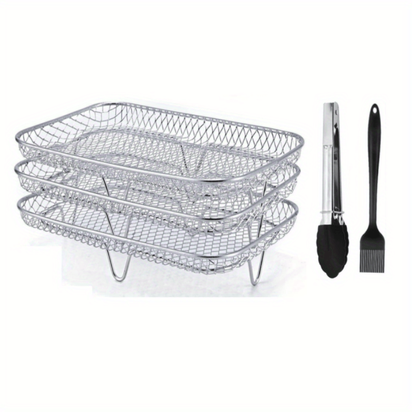 One set of air fryer accessories includes a three-layer square grill rack, steam rack, stainless steel stackable rack, dehydration rack, barbecue basket, barbecue rack, drainage basket, filter rack, food frying basket, and oil brush.