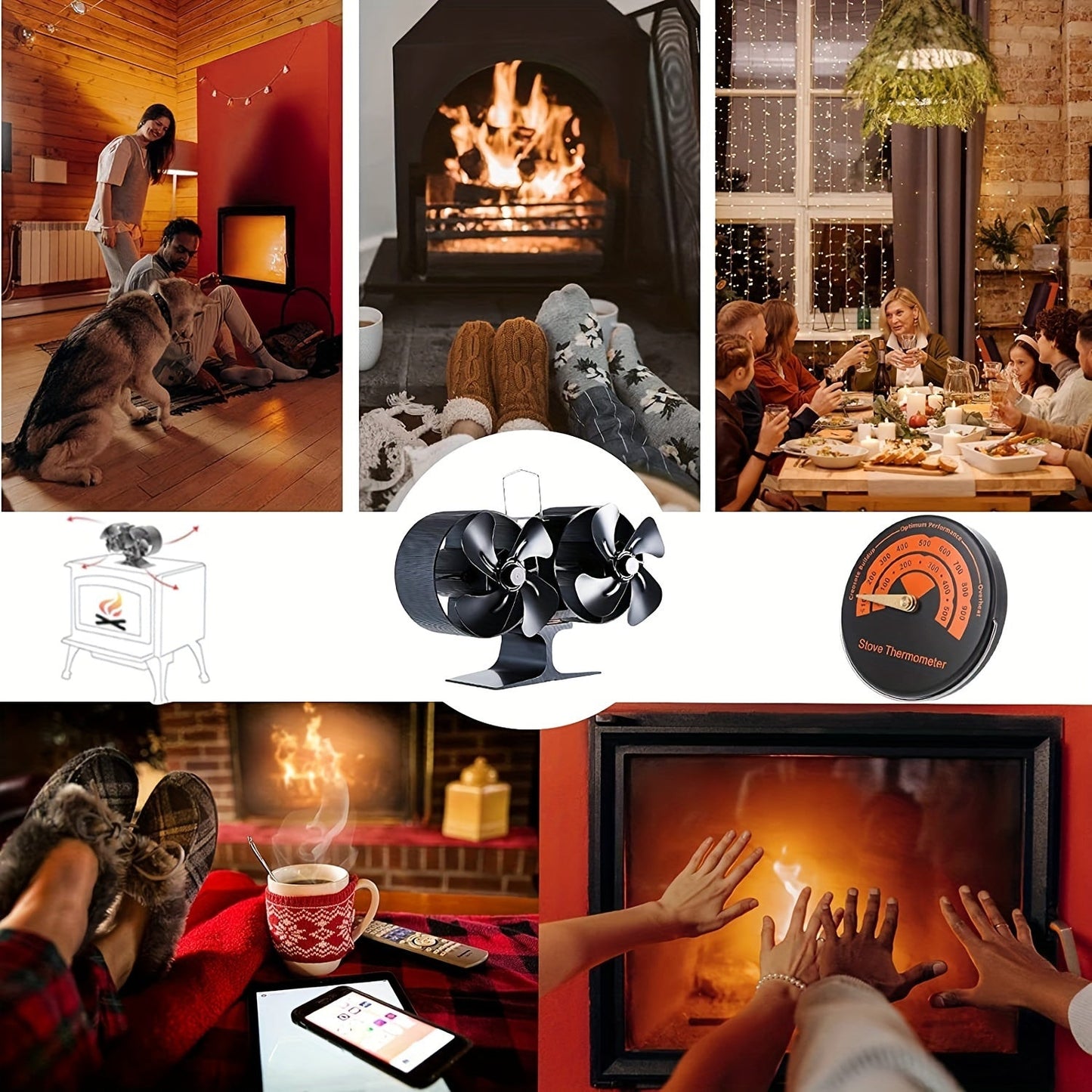 Wood Stove Heater Set includes 8 Wooden Stove Fans, Non-Electric Fireplace Fan, Hot Air Blower for Wooden Stove, Wood Chips, and Wood Burning Heater. Features Magnetic Thermometer and Dual Motor.