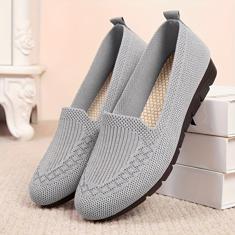 Beige & Green Breathable Knit Loafers - Slip-Resistant, Comfortable Flats with Soft PVC Sole for All-Day Wear