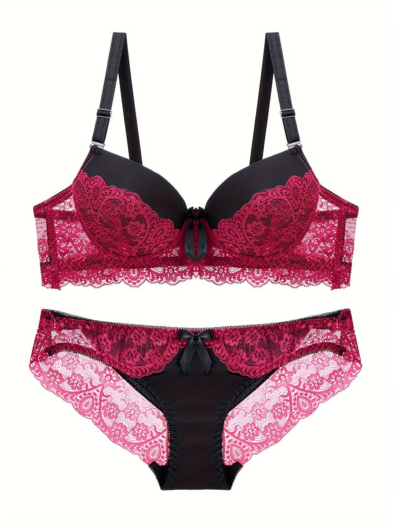 Lace Bra and Panties Set, Push Up Bra with Bow Tie and Colorblock Panties Set for Women's Lingerie and Underwear.