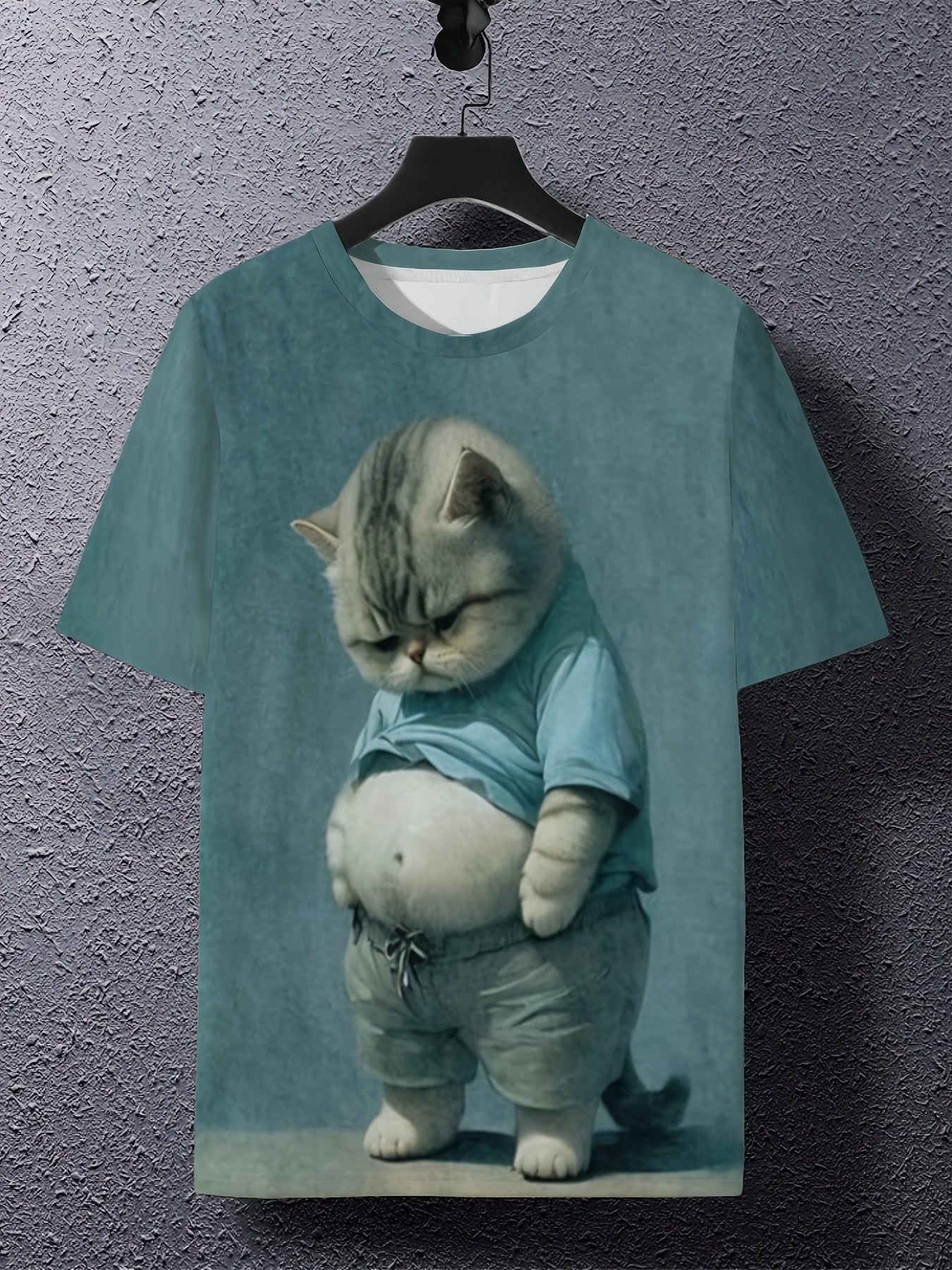 Men's Novelty 3D Cat Print T-Shirt, Polyester Crew Neck Short Sleeve Tee.