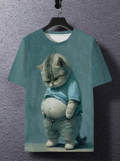 Men's Novelty 3D Cat Print T-Shirt, Polyester Crew Neck Short Sleeve Tee.