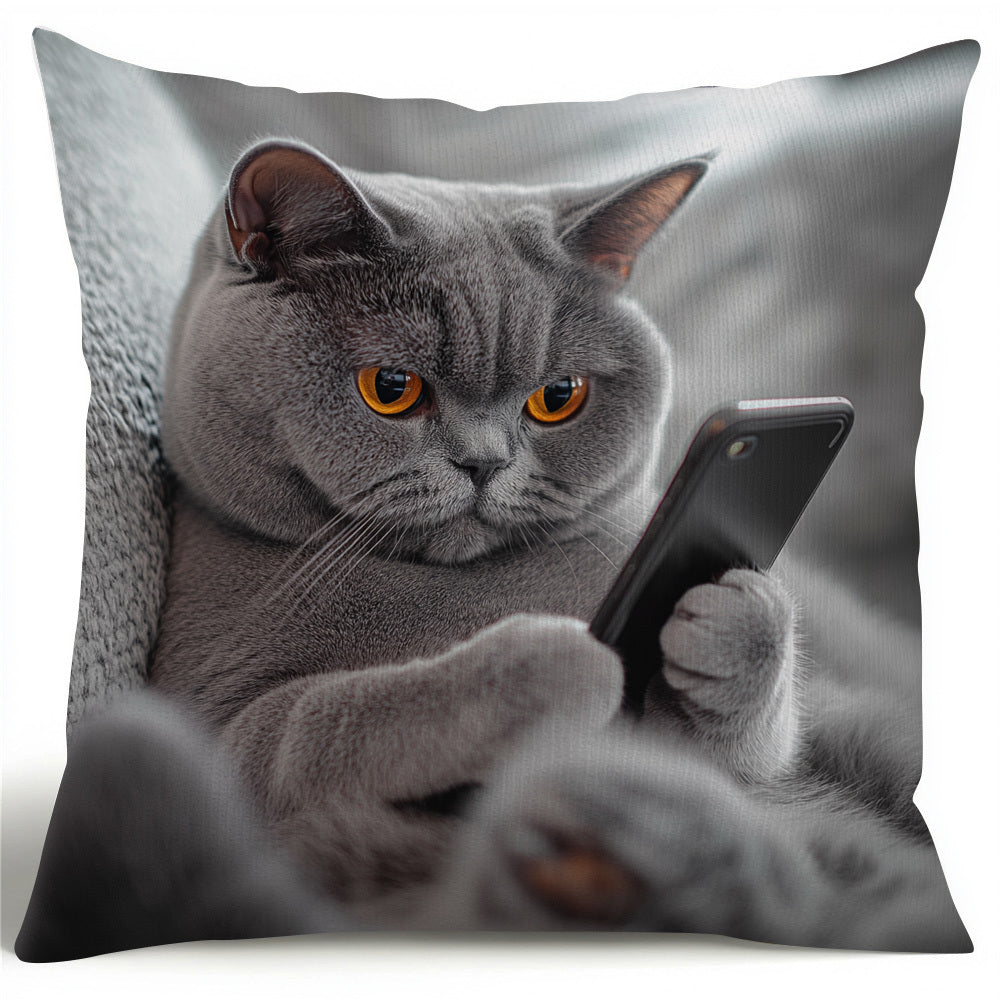 Whimsy Cat Phone Pillow Cover - Double-Sided Woven Polyester, Fade-Resistant - Seasonal Home Decor for Valentine's, Thanksgiving, Christmas - 45.72x45.72 cm - Cover Only