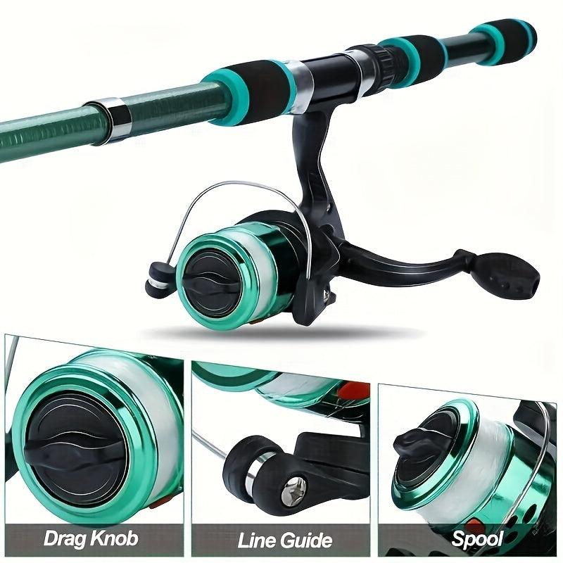 Telescopic fishing rod/spinning reel set with baits, hooks, and storage bag.