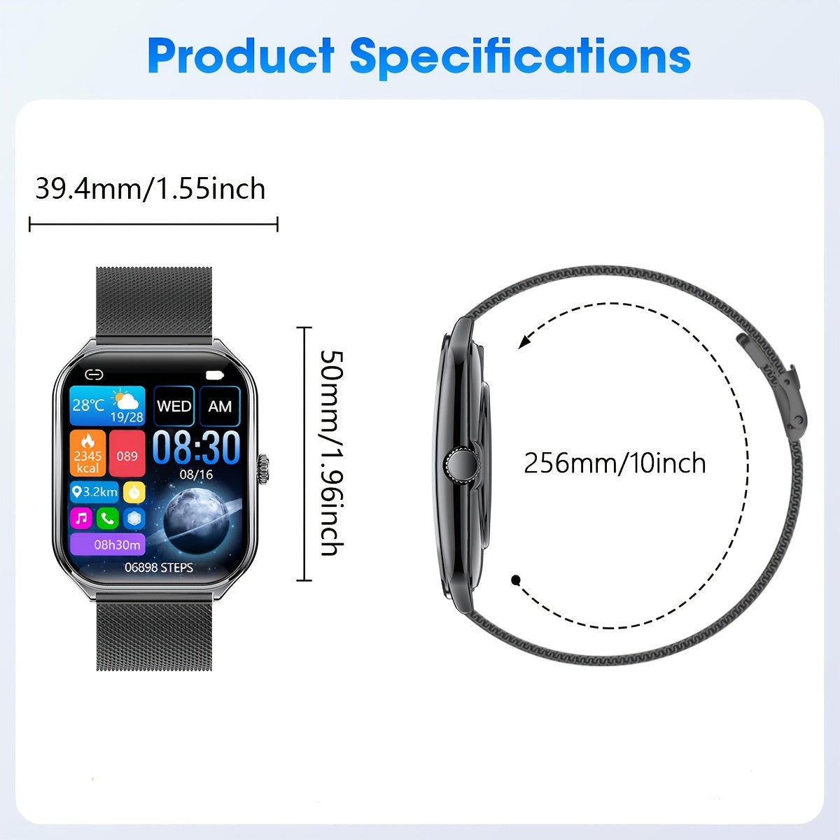 Ultra-thin smartwatch with full touch display, dual screen, USB charging, stainless steel case for Android and iPhone. Ideal for fitness tracking, calls, messages and music control.