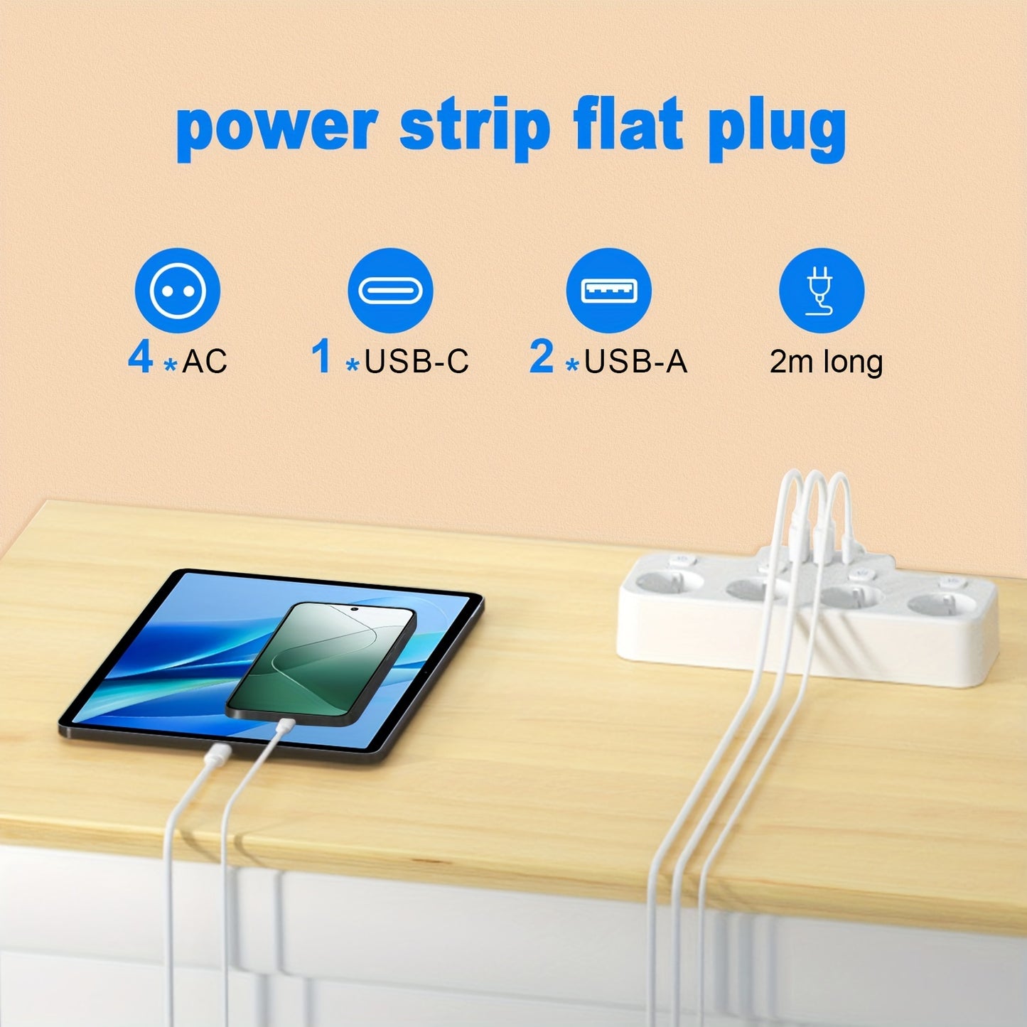 1 Kinglink power strip with 4 outlets, USB ports, switches, surge protector, 2m extension cord, European plug, anti-overcurrent, safety lock, flame retardant - White.