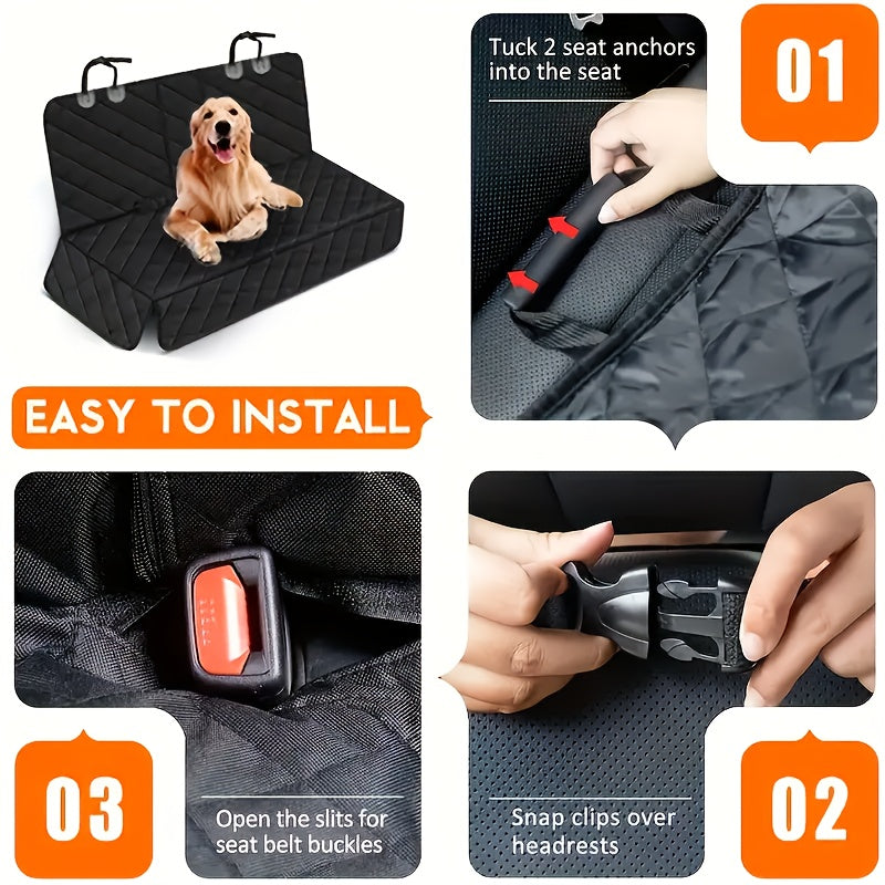 Top-notch car seat cover for pets: waterproof, anti-slip, hair and spill resistant, durable, easy to clean, fits all vehicles, premium quality, long-lasting, stress-free travel companion.