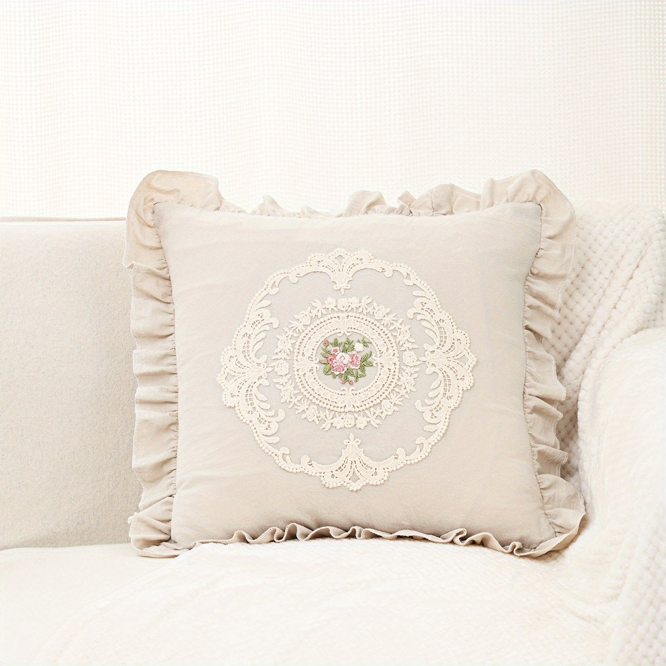 Rustic embroidery pillow case with French ruffle, for living room or bedroom decor. No pillow insert, available in 18"x18" or 12"x20" sizes.