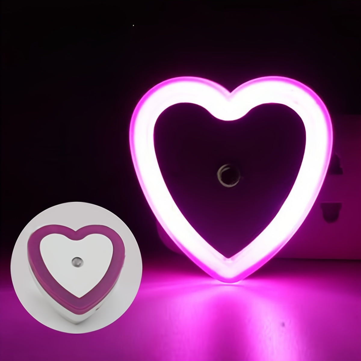 Heart-shaped LED night light with built-in sensor and European plug for indoor use. Ideal for stairways, bedrooms, kitchens, and hallways. Not waterproof. Can be wall-mounted.