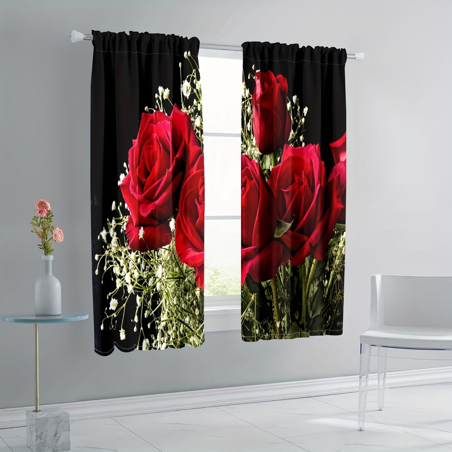 Enhance your living space with 2 stunning red rose-themed curtains for privacy and decoration. Perfect for Valentine's Day or any romantic occasion, these translucent curtains provide privacy and elegance in any bedroom or living room.