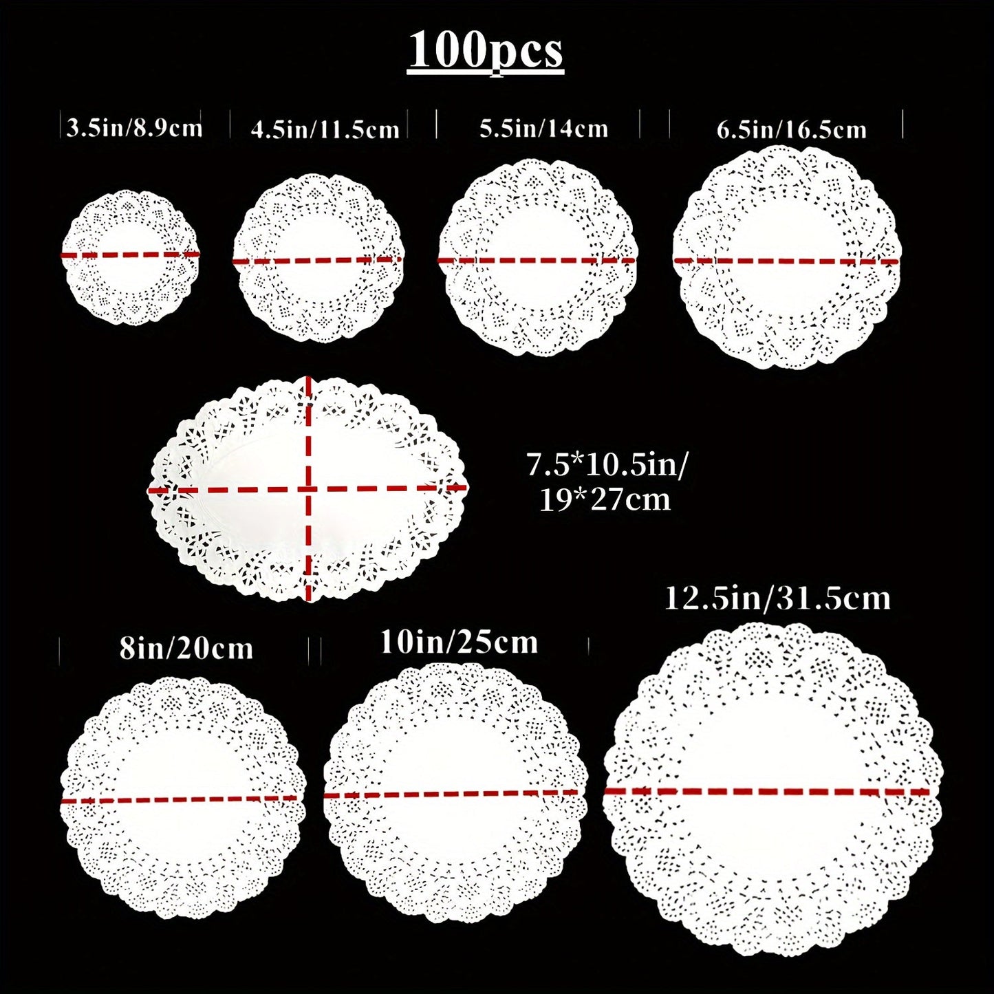 100 Elegant White Lace Paper Doilies in Various Sizes - Suitable for Food Use, Single-Use Table Mats for Desserts, Coffee, and Cakes - Perfect for Special Occasions like Weddings, Birthdays, and Graduations - Sturdy and Ornamental with Delicate Lace