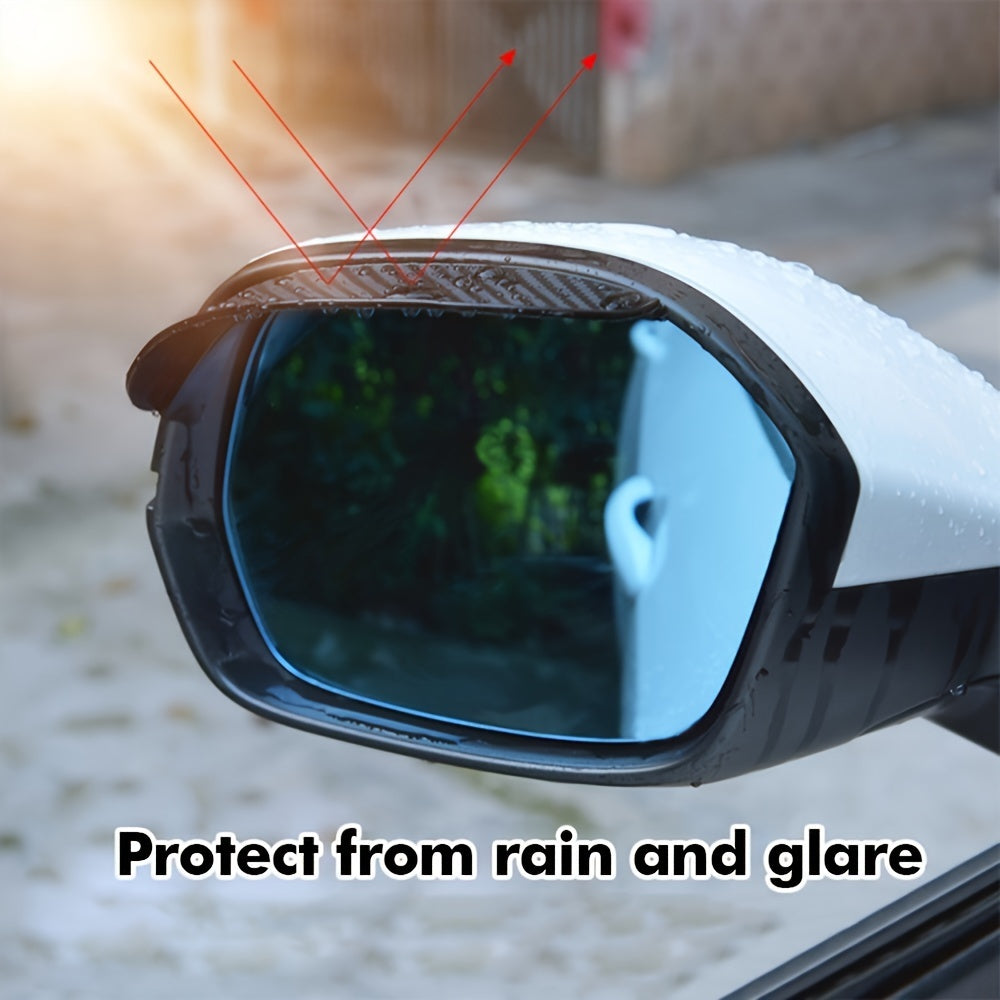 Universal car side mirror rain visors in a 2-pack with PVC carbon fiber pattern for glare protection, suitable for most vehicles, trucks, and SUVs.