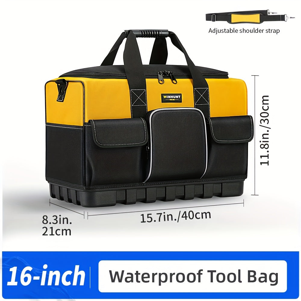 WINHUNT Tool Bag - Large, Heavy Duty, Waterproof, Polyester Material, Black/Yellow, Adjustable Shoulder Strap, Ideal for Industrial Tools Organization, Strong Molded Base, No Assembly