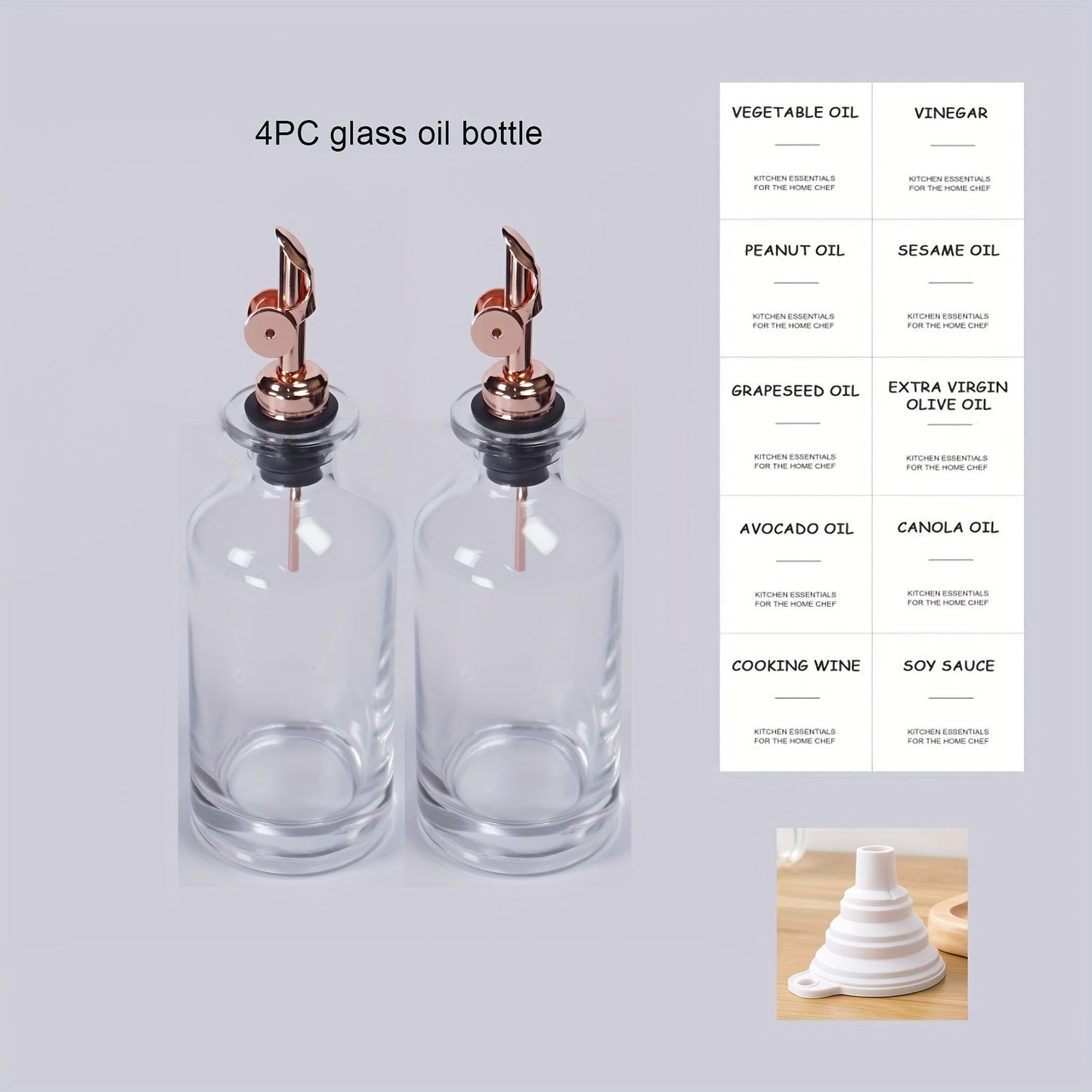 Set of 4 Automatic Opening and Closing Oil and Vinegar Containers including an Olive Oil Bottle, Zhenli Bottle, Transparent Oil Container, and Vinegar Bottle. Also includes a Seasoning Bottle for the kitchen. These leak-proof bottles are perfect for